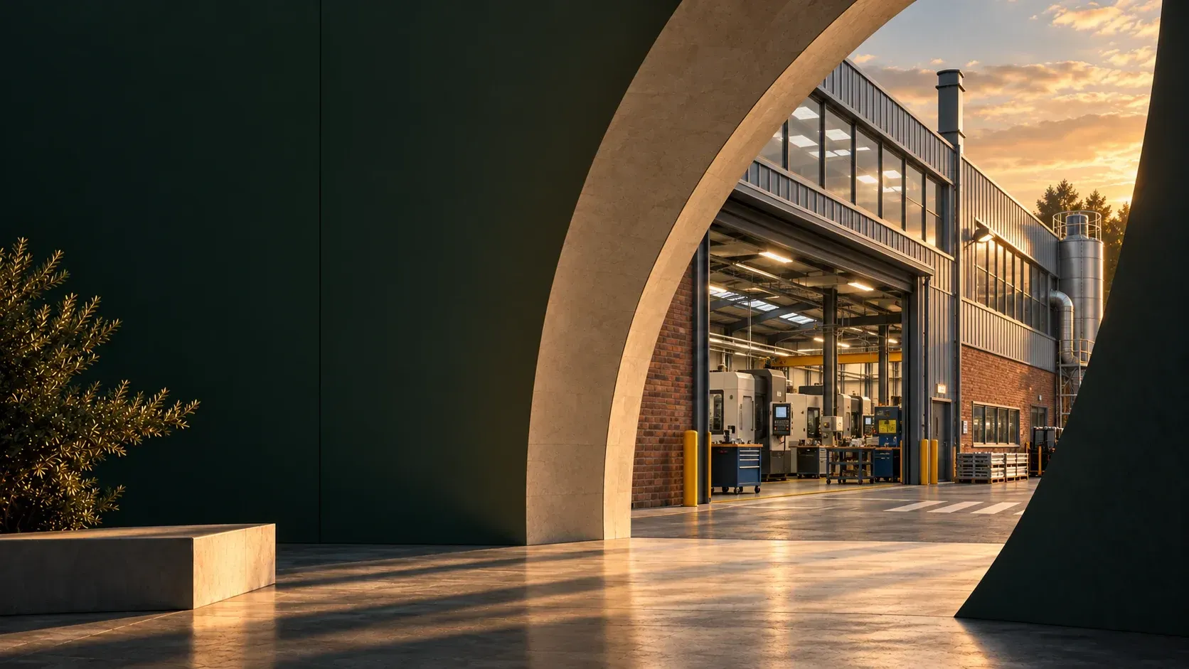 Manufacturing hall framed by a stone arch and deep green walls in warm evening light