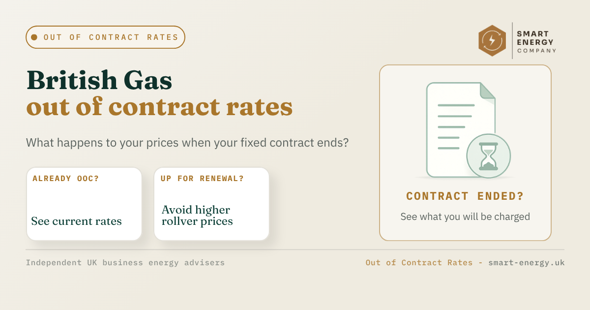 Webpage banner on British gas contract rates with cards and document icon on beige background