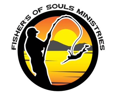 A logo showing a silhouette of a person fishing for a human figure against a yellow sunset background.