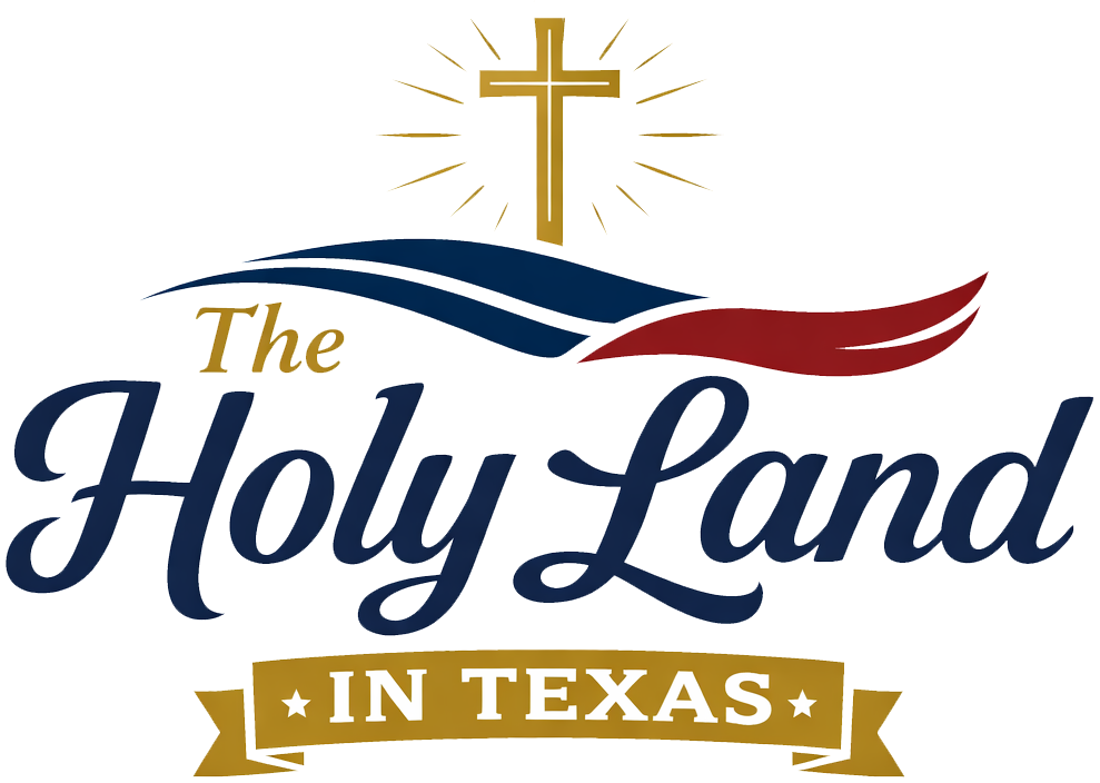 A logo with a golden cross above a blue and red wave, featuring the text "The Holy Land" and "IN TEXAS" on a gold banner.