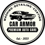 Black-and-white CAR ARMOR auto care logo with classic car and text &ldquo;Washing &bull; Detailing &bull; Coating&rdquo; and &ldquo;Est. 2023&rdquo;