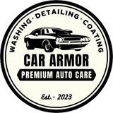 Black-and-white CAR ARMOR auto care logo with classic car and text &ldquo;Washing &bull; Detailing &bull; Coating&rdquo; and &ldquo;Est. 2023&rdquo;