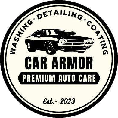 Black-and-white CAR ARMOR auto care logo with classic car and text “Washing • Detailing • Coating” and “Est. 2023”