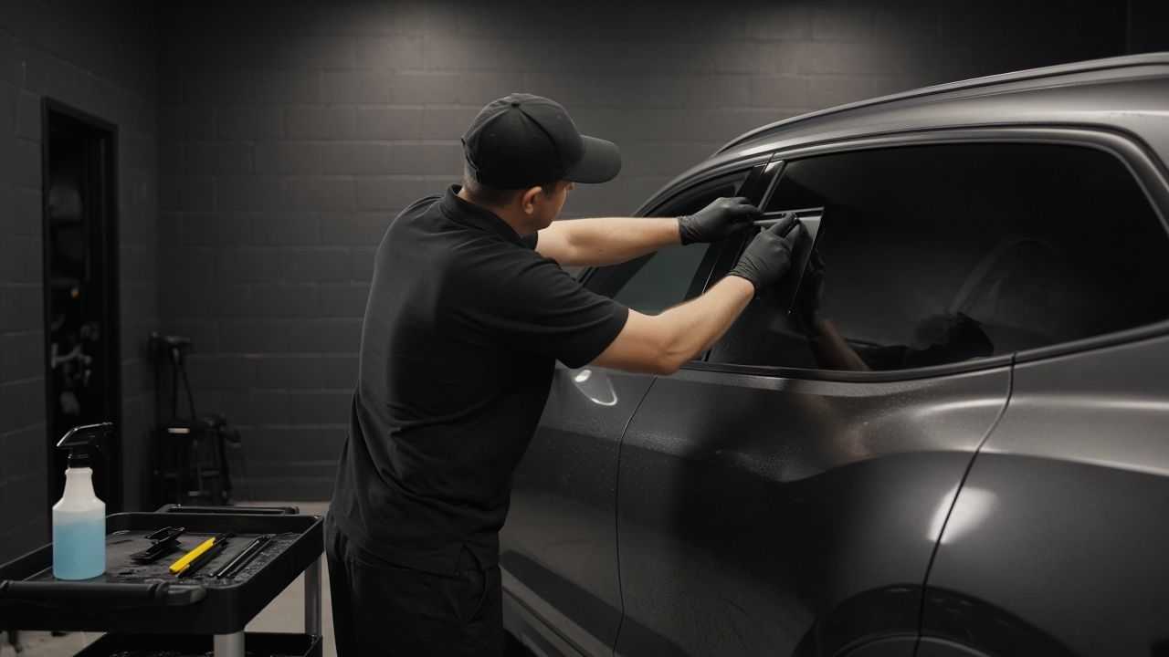 Technician applying ceramic window tint to an SUV in a Coeur d'Alene shop