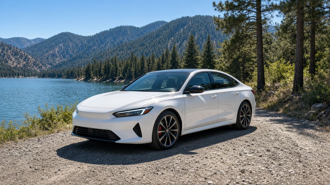 White sedan with ceramic window tint parked by a North Idaho lake in summer
