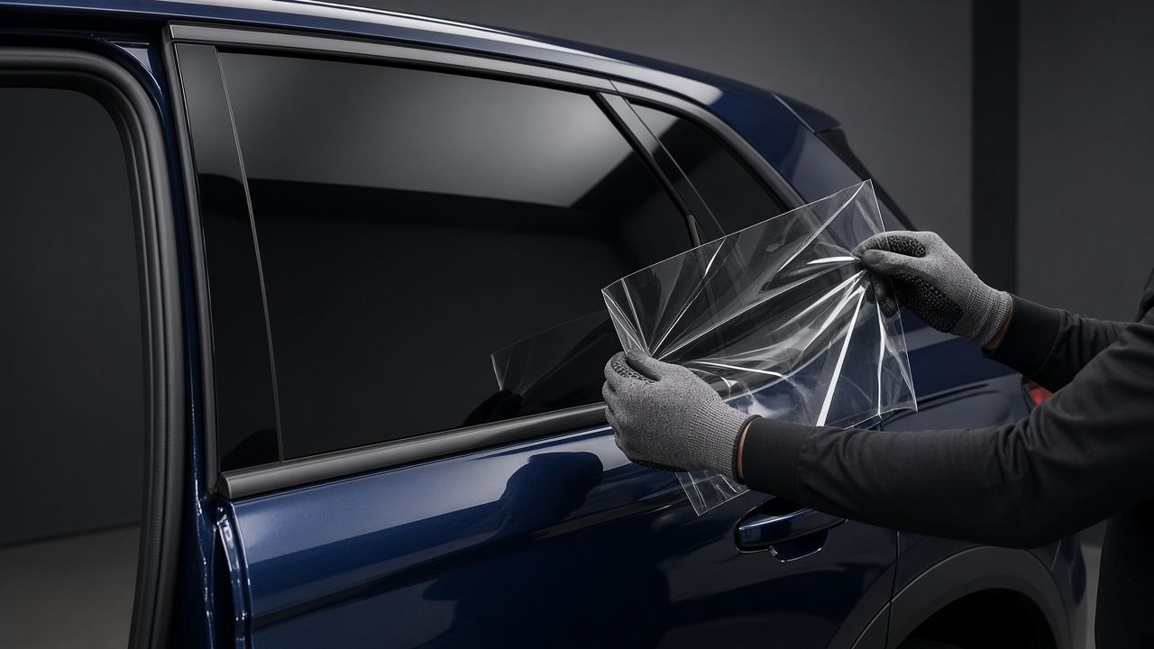 Clear window film held up to factory privacy glass on an SUV