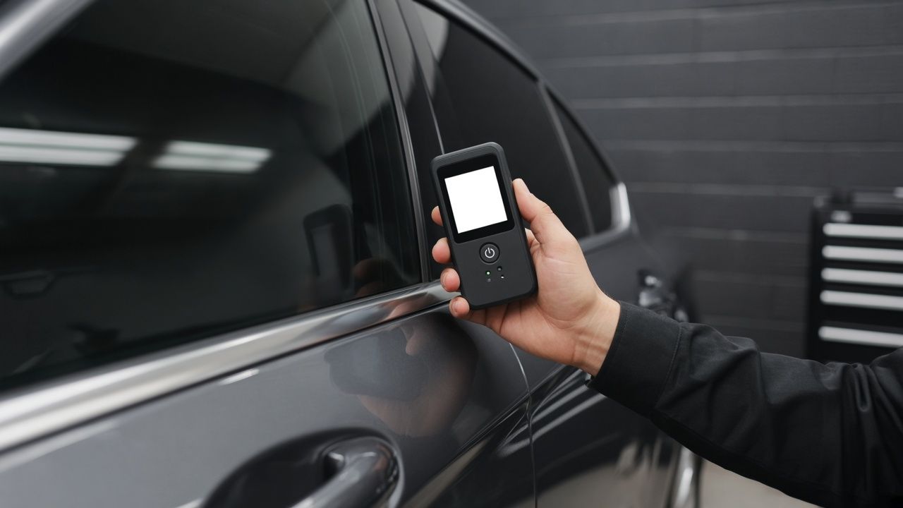 Tint meter held against a car window to check legal tint darkness