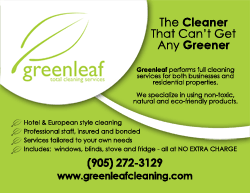Greenleaf Cleaning Services ad with green logo, eco-friendly slogan, services list, phone number, and website.