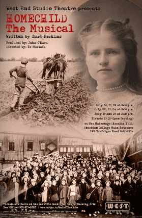 Sepia poster for “Homechild: The Musical” with child labor, a woman’s portrait, and a large group photo
