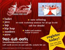 Dance studio flyer for In Motion: ballet, jazz, tap, hip hop, modern, acro, with register today callout and phone number