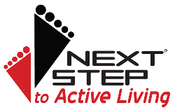 Next Step to Active Living logo with black and red footprints and text