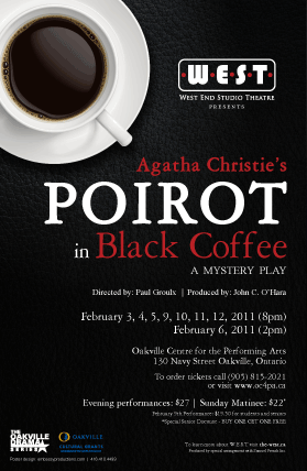 Agatha Christie’s “Poirot in Black Coffee” theater poster with a coffee cup and dark background