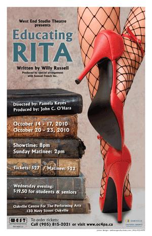 Poster for “Educating Rita” with red heels and spiderweb stockings, West End Studio Theatre, Oct 17–30, 2010