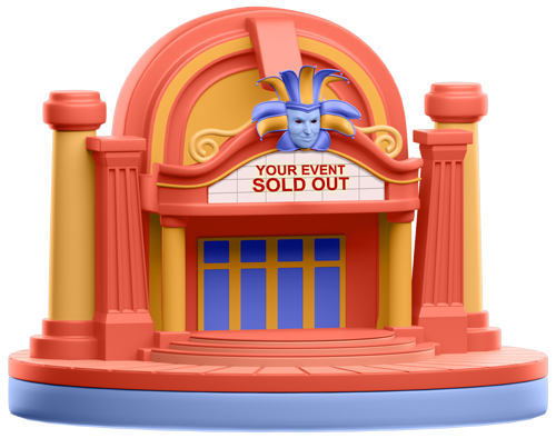 Colorful theater facade with a sign reading “Your event sold out out” and a smiling mask above the entrance