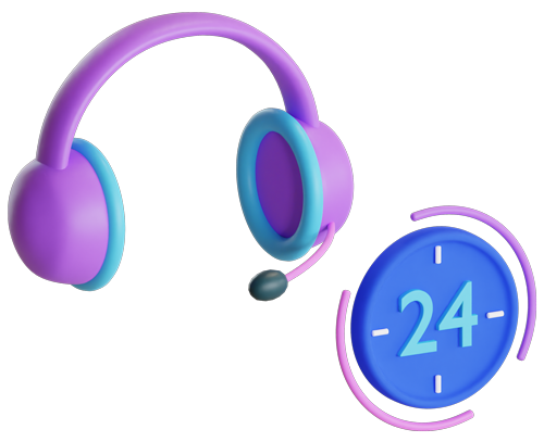 Purple headset with microphone beside a blue 24-hour service icon