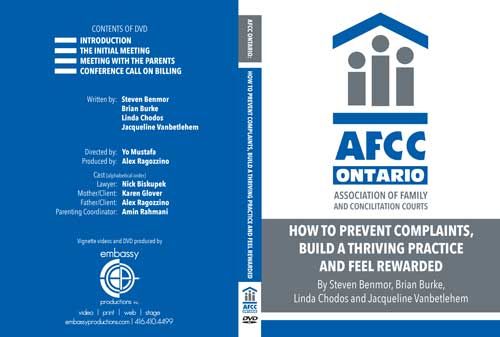 AFCC Ontario booklet cover: blue and white title page about preventing complaints and building family practice