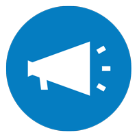 White megaphone icon inside a blue circle with sound lines