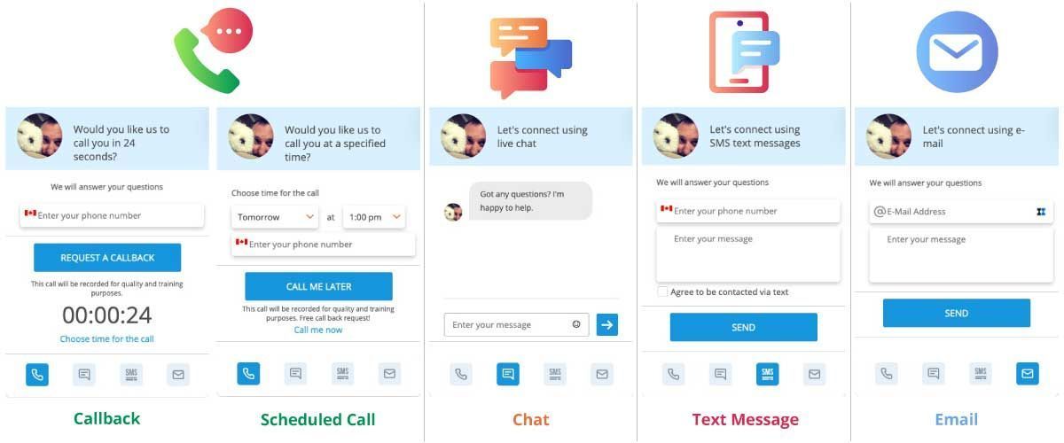 Six mobile app screens showing contact actions: call, message, text, and email options.