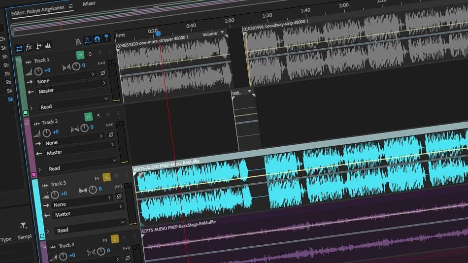 Audio editing software timeline with multiple stacked tracks and blue and gray waveforms on a dark interface