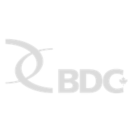 Light gray BDC logo with abstract interlocking shapes and a maple leaf on a white background