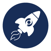 White rocket icon on a dark blue circle, with curved launch trails and a small target symbol on the body
