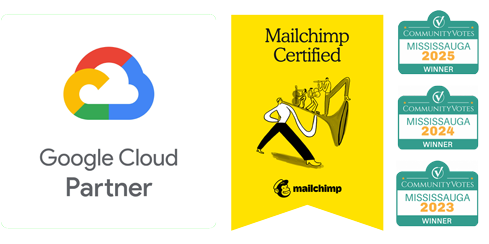 Google Cloud Partner badge, Mailchimp Certified logo, and three award badges on a white background