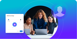Three people collaborating at a laptop on a blue-purple gradient background with an AI assistant panel