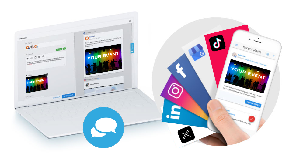White laptop showing a social media post editor, with a hand fanning colorful app icons and a phone display