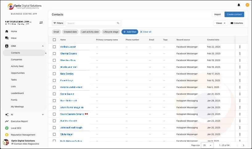 CRM contacts list page with table of names, columns, and a blue Create button in the top right