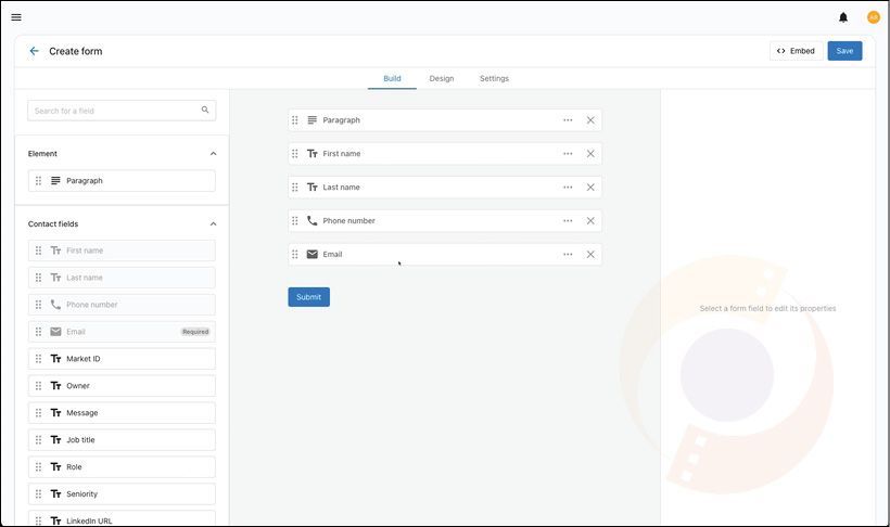 Web app dashboard with a left sidebar, central list of items, and a blue action button on a white background
