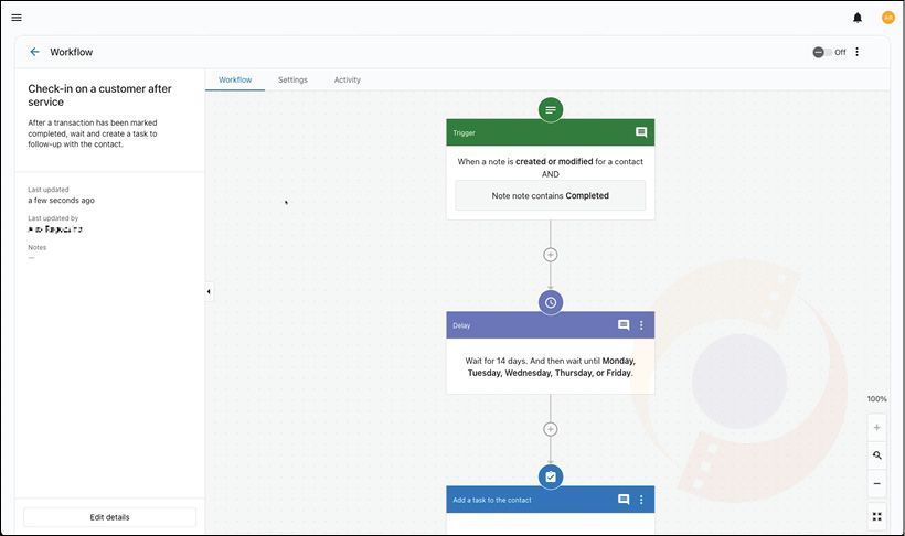 Workflow editor with a vertical flowchart of green, white, and blue connected steps on a white canvas