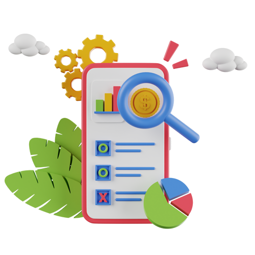 Analytics dashboard on a phone with magnifying glass, gears, charts, and clouds