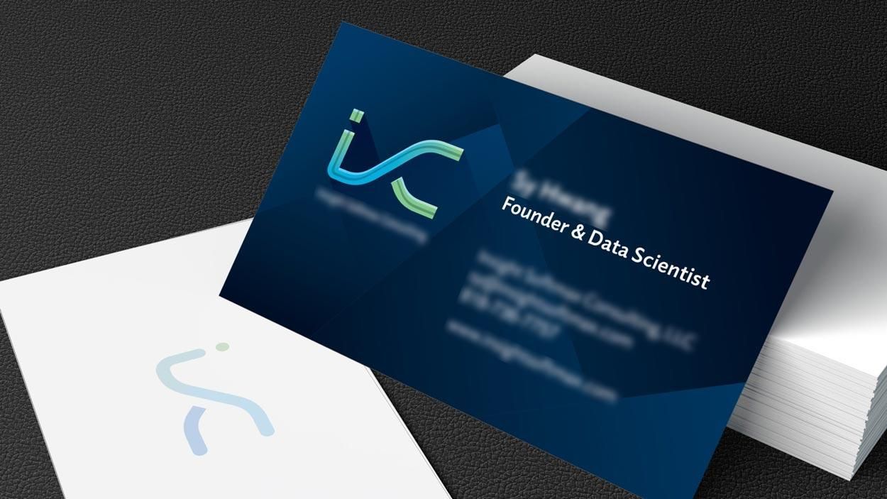Blue business cards with a white logo and “Technology & Data Scientist” text on a dark background
