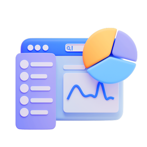 Stylized analytics dashboard with blue line chart and orange-blue pie chart icon