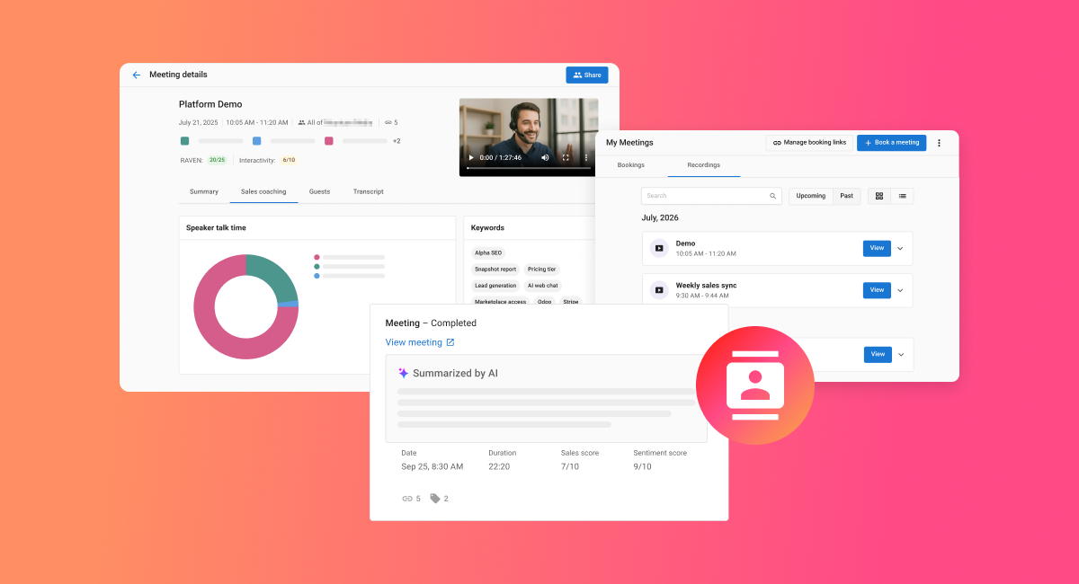 Analytics dashboard with charts, profile details, and payment settings on a pink gradient background