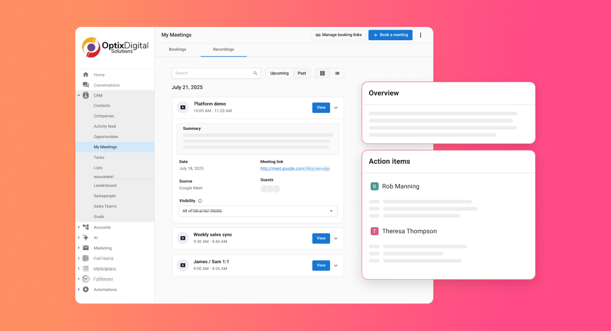 Web dashboard UI with white cards, left sidebar, and a pink gradient background