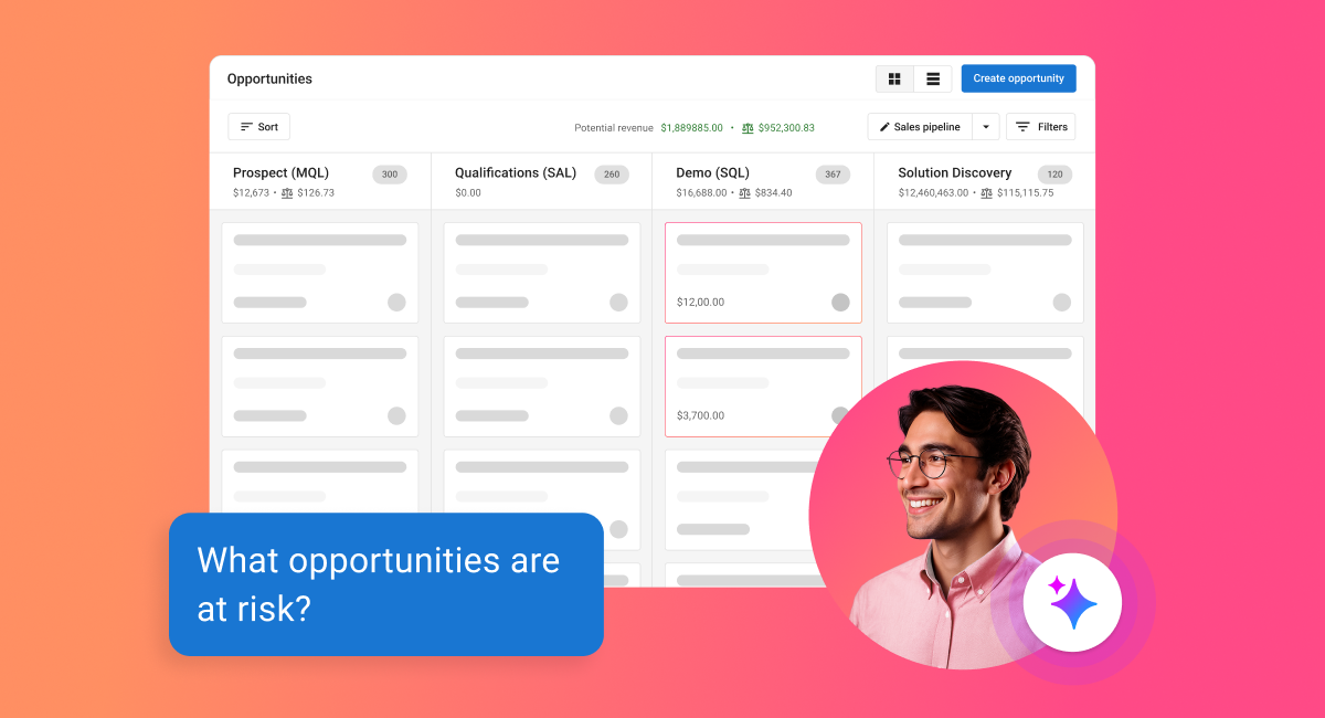 Dashboard UI with blue chat bubble asking, “What opportunities are at risk?” and a profile photo on pink background