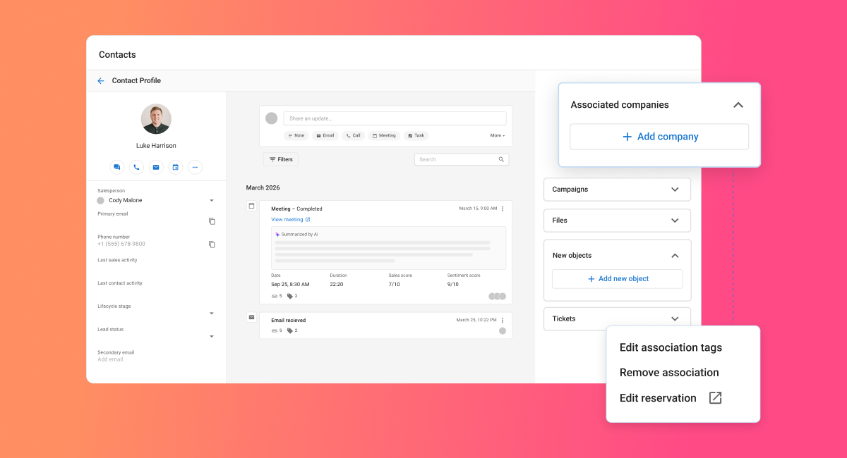 Dashboard UI mockup on a pink-orange gradient background with floating settings panels and a profile sidebar