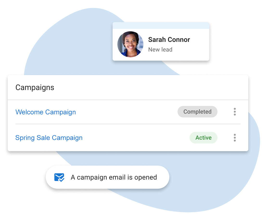 Campaign dashboard showing Sarah Connor, campaign statuses, and an alert that a campaign email is opened