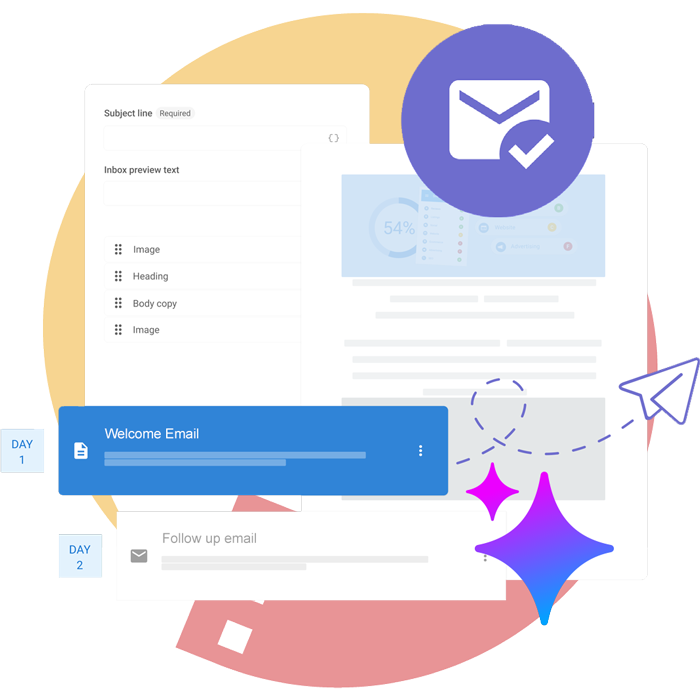Email campaign dashboard with colorful icons and interface panels on a white background