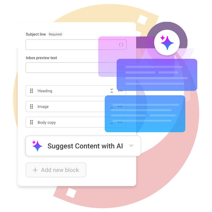 AI content suggestion interface with colorful purple and blue overlay cards on a white form screen