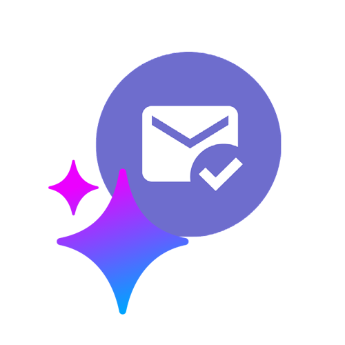 Purple envelope icon with checkmark and pink-blue sparkle symbol