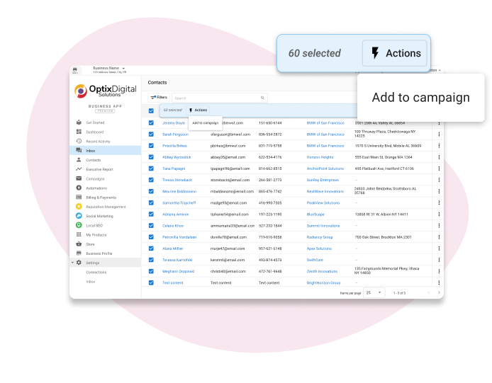 Web app dashboard with a file list and “Actions” menu showing “Add to campaign”