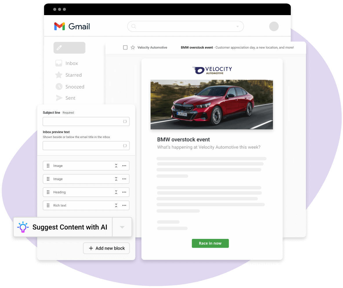 Gmail-like email interface showing a red car listing and an AI suggestions panel on the left