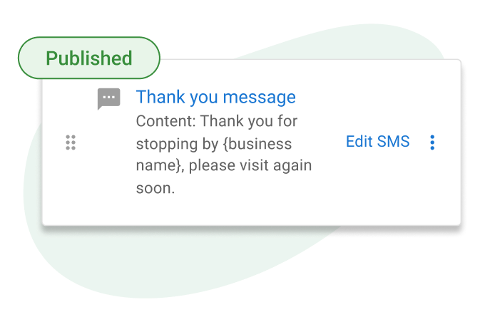 Published “Thank you message” SMS card with content preview and an Edit SMS link