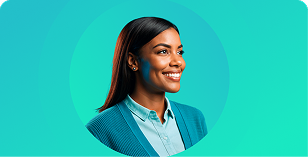 Smiling professional in teal blazer against a bright turquoise background