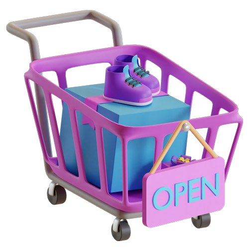 Purple toy shopping cart with an “OPEN” sign and a blue box inside