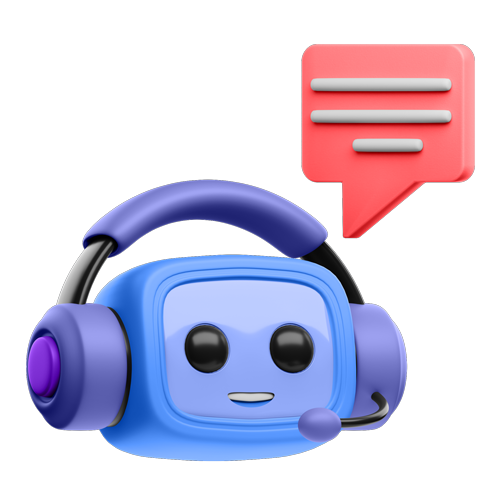 Blue cartoon chatbot wearing headphones with a red speech bubble icon