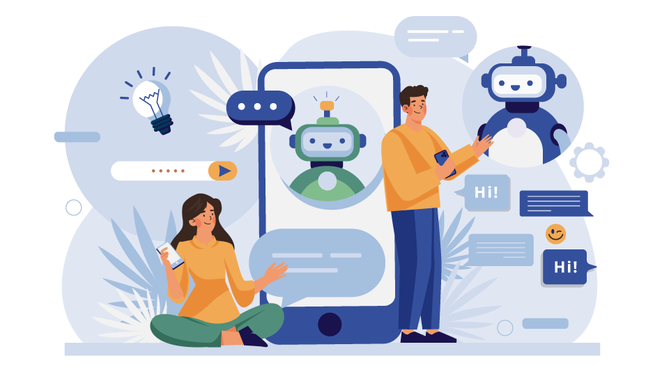 People interacting with friendly chatbots on a smartphone, with blue-toned digital interface.