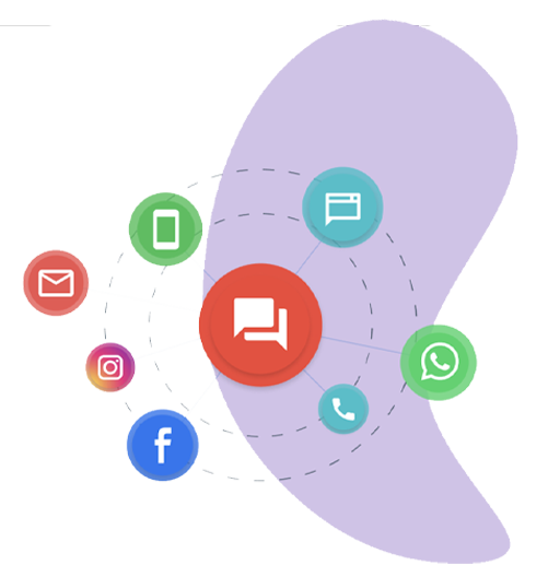 Colorful social media and messaging icons orbit a central red chat bubble on a purple background